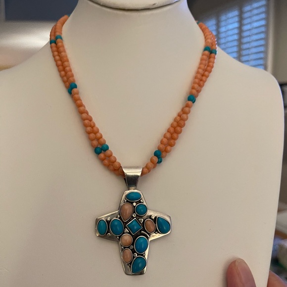 Jay King DTR turquoise coral sterling silver cross pendant necklace - Picture 11 of 11